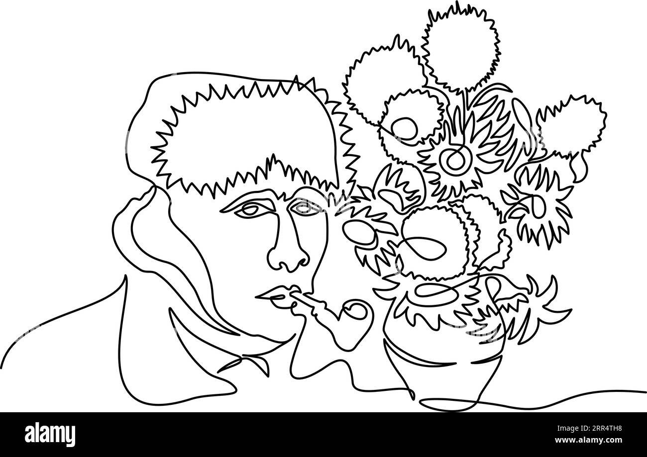 Portrait de Vincent van Gogh avec tournesols. Style de dessin continu d'une seule ligne. Esquisse linéaire noire minimaliste isolée sur fond blanc. Vect Illustration de Vecteur