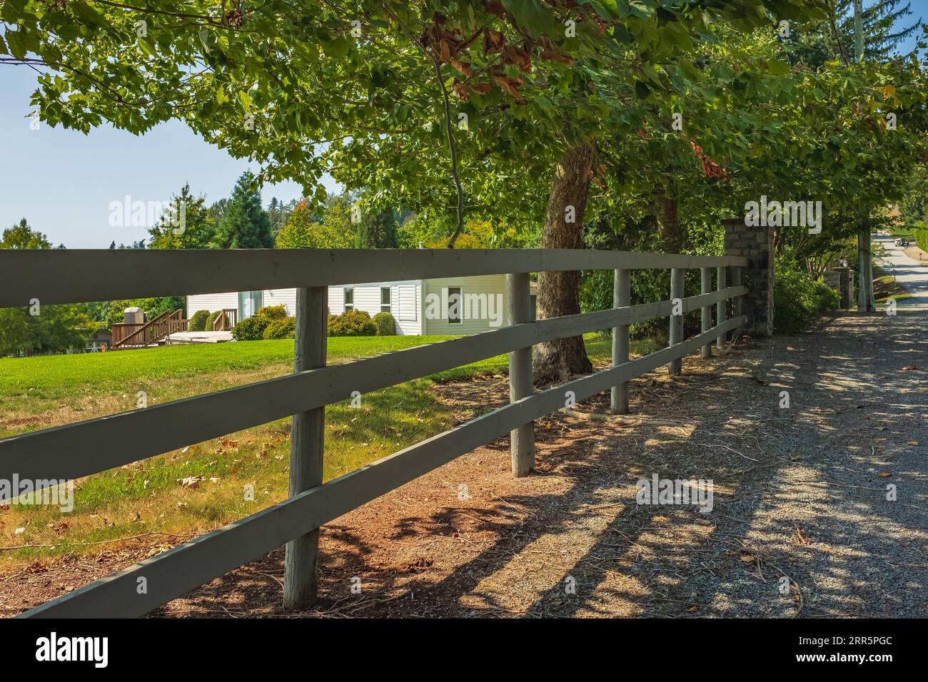 Long Split Rail Fence le long d'un champ herbeux menant à une grange ou une maison de ferme. Route de campagne le long des fermes agricoles. Clôture en bois le long du chemin Banque D'Images