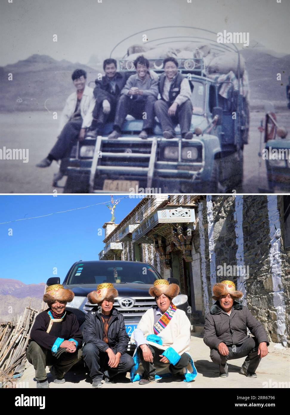 210129 -- LHASSA, 29 janvier 2021 -- la partie supérieure de cette photo combinée prise en 1994 montre Jamba 2nd R, 24 ans, et ses frères posant pour une photo de groupe sur leur camion alors qu'ils dirigent une entreprise de transport à Ali, dans la région autonome du Tibet du sud-ouest de la Chine. La partie inférieure de la photo combinée prise par le 26 novembre 2018 montre Jamba 2nd R, 48 ans, et ses frères posant pour une photo devant une voiture de leur famille. POUR ALLER AVEC ProsperityOnthePlateau : ce que les Tibétains achètent révèle une vie meilleure CHINE-TIBET-CONSOMMATION CN PurbuxZhaxi PUBLICATIONxNOTxINxCHN Banque D'Images