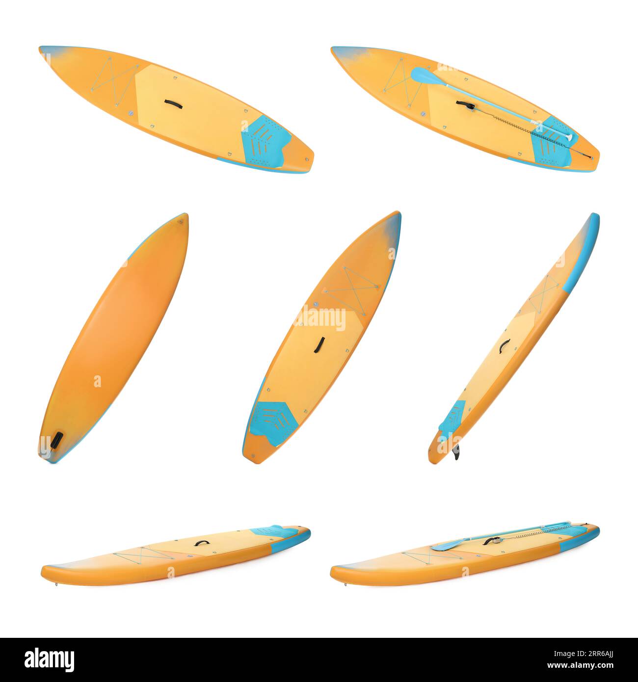 Collage avec planche SUP avec paddle isolé sur blanc, différents côtés Banque D'Images