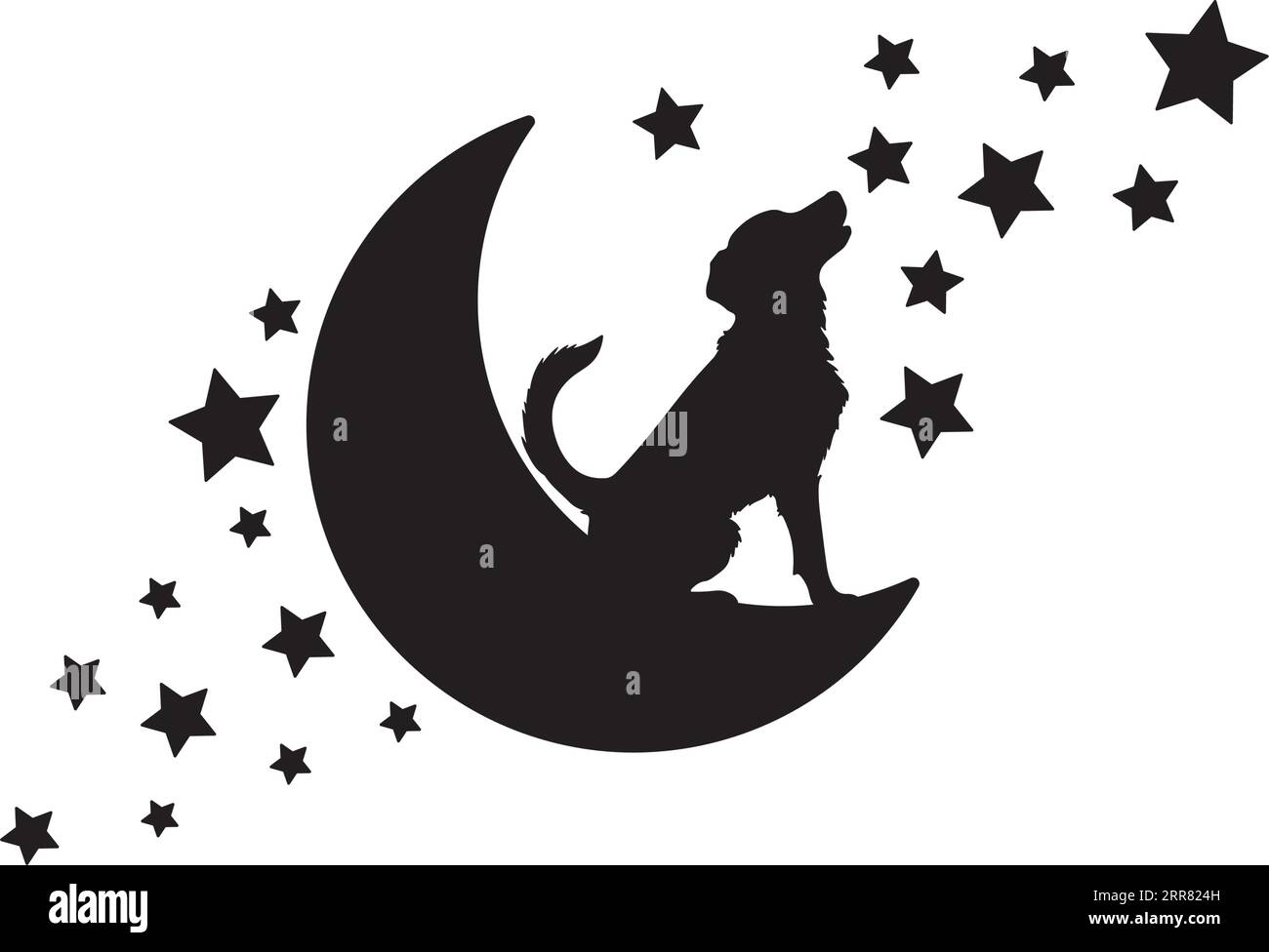Silhouette de chien assis sur la lune, vecteur. Personnage de dessin animé. Décalcomanies murales, œuvres d'art, art mural minimaliste, design d'affiche isolé sur fond blanc Illustration de Vecteur