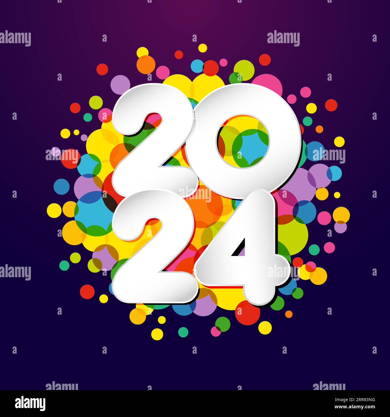 2024 typographie créative. Boule colorée d'arbre de Noël et numéro de papier 20 24. Bonne année. Gabarit carré. Concept de carte de voeux. Illustration de Vecteur