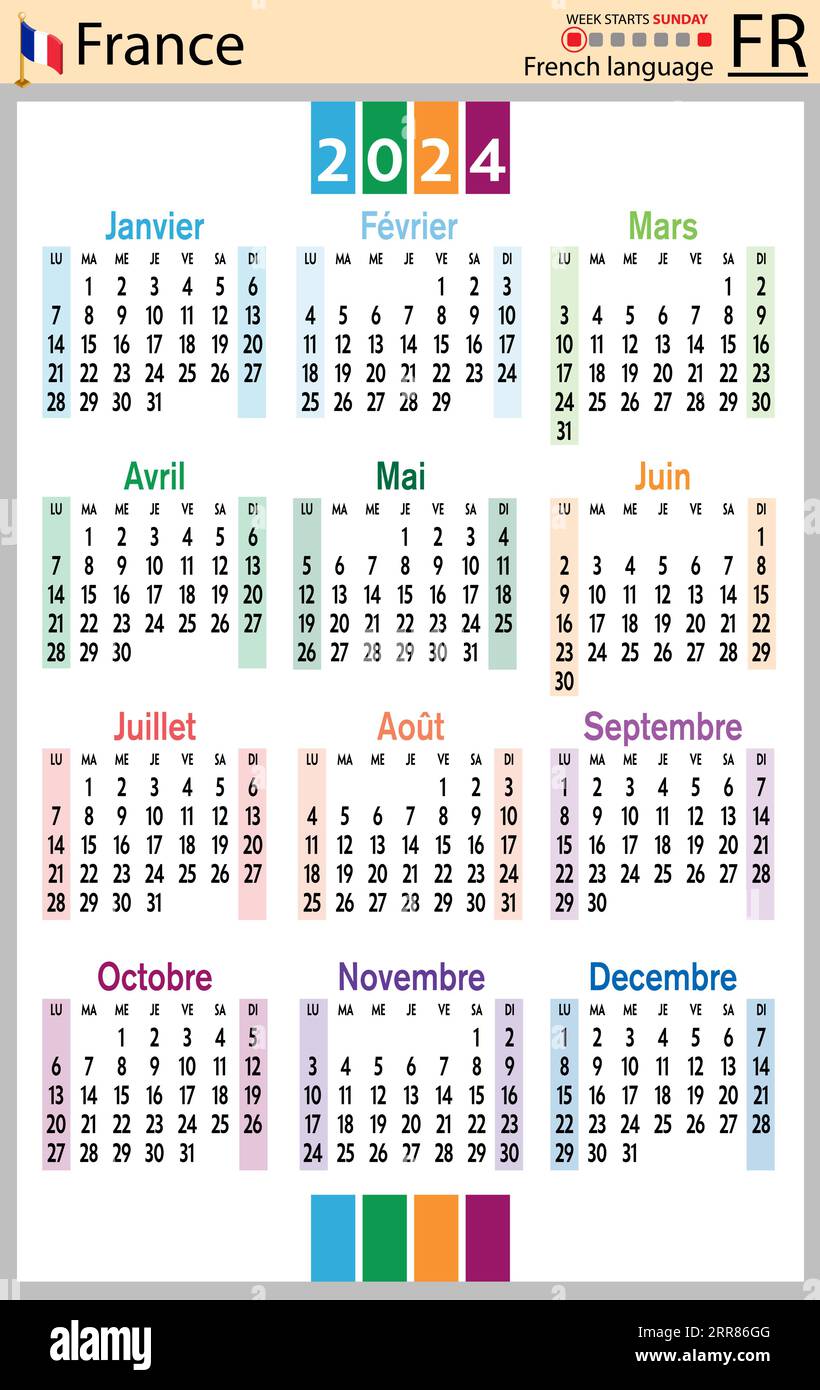 Calendrier de poche vertical français pour 2024 (deux mille vingt-quatre). La semaine commence dimanche. Nouvel an. Conception simple de couleur. Vecteur Illustration de Vecteur