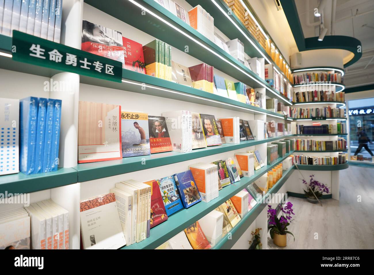 210423 -- BEIJING, le 23 avril 2021 -- des livres d'auteurs handicapés sont exposés dans une zone dédiée à la Chambre du livre Shanyuan à Beijing, capitale de la Chine, le 14 avril 2021. À Shanyuan Book Chamber, une librairie sans obstacles, chaque conception et mise en page prend en compte les besoins des lecteurs handicapés. Couvrant une superficie de plus de 300 mètres carrés dans le district de Dongcheng, Pékin, la librairie propose des étagères avec des hauteurs alternatives, des meubles à bords arrondis, des espaces assez larges pour les fauteuils roulants et d'autres installations pour améliorer l'accessibilité. En plus de ceux-ci, la librairie définit beaucoup de magasin par le travail Banque D'Images