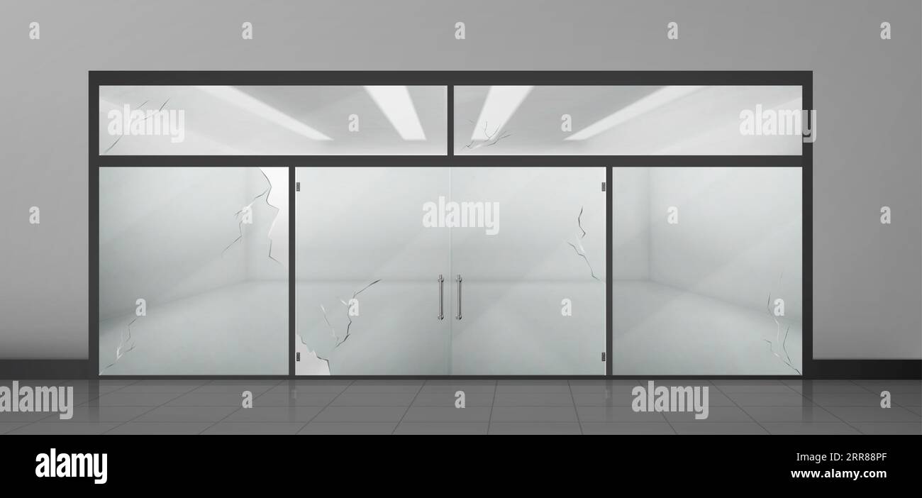 Porte vitrée cassée dans le centre commercial ou l'immeuble de bureaux. Vector illustration réaliste de hall vide avec entrée de pièce, fissures sur vitrine endommagée après le vol, sol carrelé, lampes LED au plafond Illustration de Vecteur