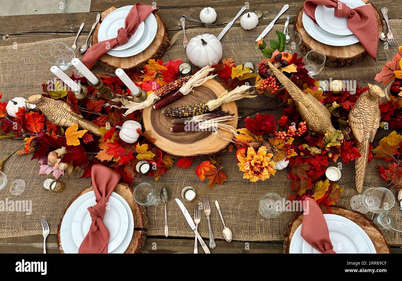 Sur la table, il y a des assiettes sur des stands en bois à côté des fourchettes couteaux et des verres têtes sèches de maïs rouge et noir serviettes rouges au milieu tout est prêt pour le dîner à Halloween automne octobre soir Banque D'Images