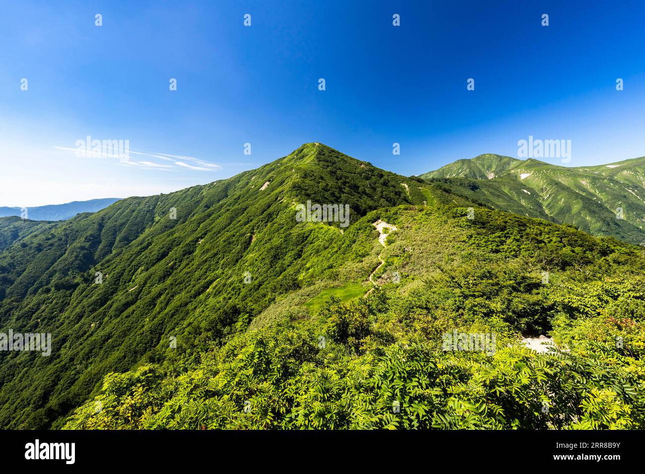 Chaîne de montagnes Asahi, le plus haut Mt.Ohasahidake (arrière), Mt.Koasahidake (avant), du Mt.Kodera, 100 montagnes du Japon, Yamagata, Tohoku, Japon, Asie Banque D'Images