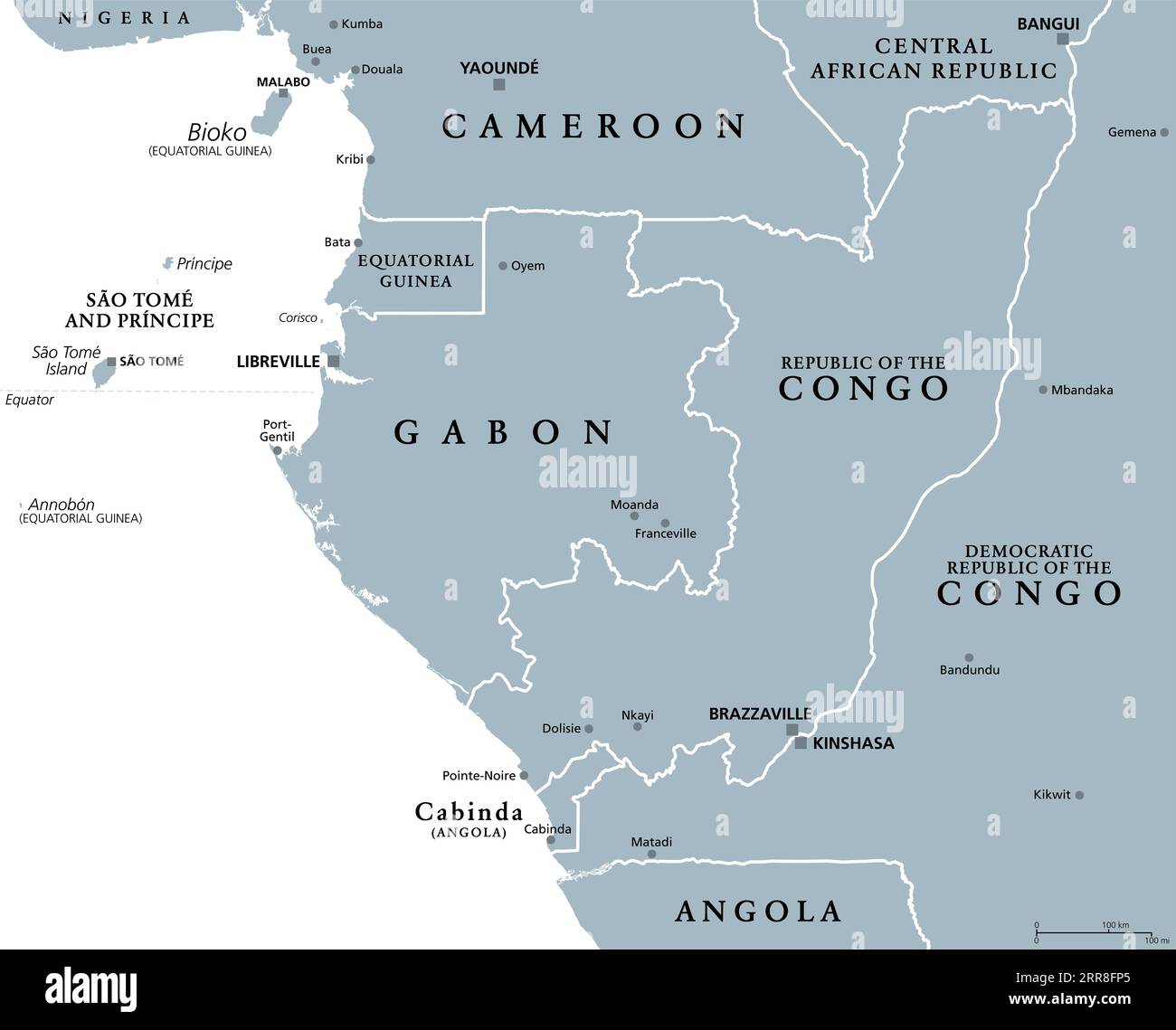 Partie de l'Afrique centrale, sous-région du continent africain, carte politique grise, avec capitales, frontières et plus grandes villes. Gabon, République du Congo etc Banque D'Images