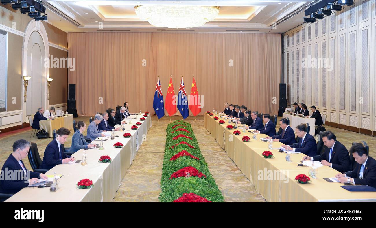Jakarta, Indonésie. 7 septembre 2023. Le premier ministre chinois Li Qiang rencontre le premier ministre australien Anthony Albanese en marge des réunions des dirigeants sur la coopération en Asie de l'est à Jakarta, Indonésie, le 7 septembre 2023. Crédit : Liu Bin/Xinhua/Alamy Live News Banque D'Images