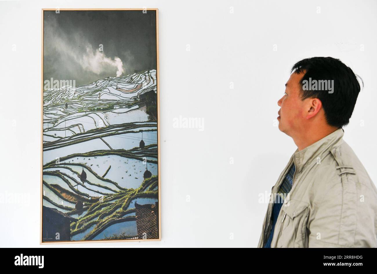 210509 -- GUIYANG, le 9 mai 2021 -- Mo Xiaoshu regarde une photo des champs en terrasses de Jiabang qu'il a pris, qui est exposée dans la salle d'exposition du comité d'administration de la zone pittoresque des champs en terrasses dans le comté de Congjiang, province du Guizhou, au sud-ouest de la Chine, le 4 mai 2021. Le temps humide persistant enveloppe les terrasses d'une couverture de nuages et de brume la plupart du temps. Le paysage de rêve est ce que vous pouvez imaginer et trouver dans les images prises par Mo Xiaoshu. Mo, un fonctionnaire de 39 ans, a pris plus de 100 000 photos de champs en terrasses de Jiabang dans le comté de Congjiang au cours des 13 dernières années. Son travail wen Banque D'Images