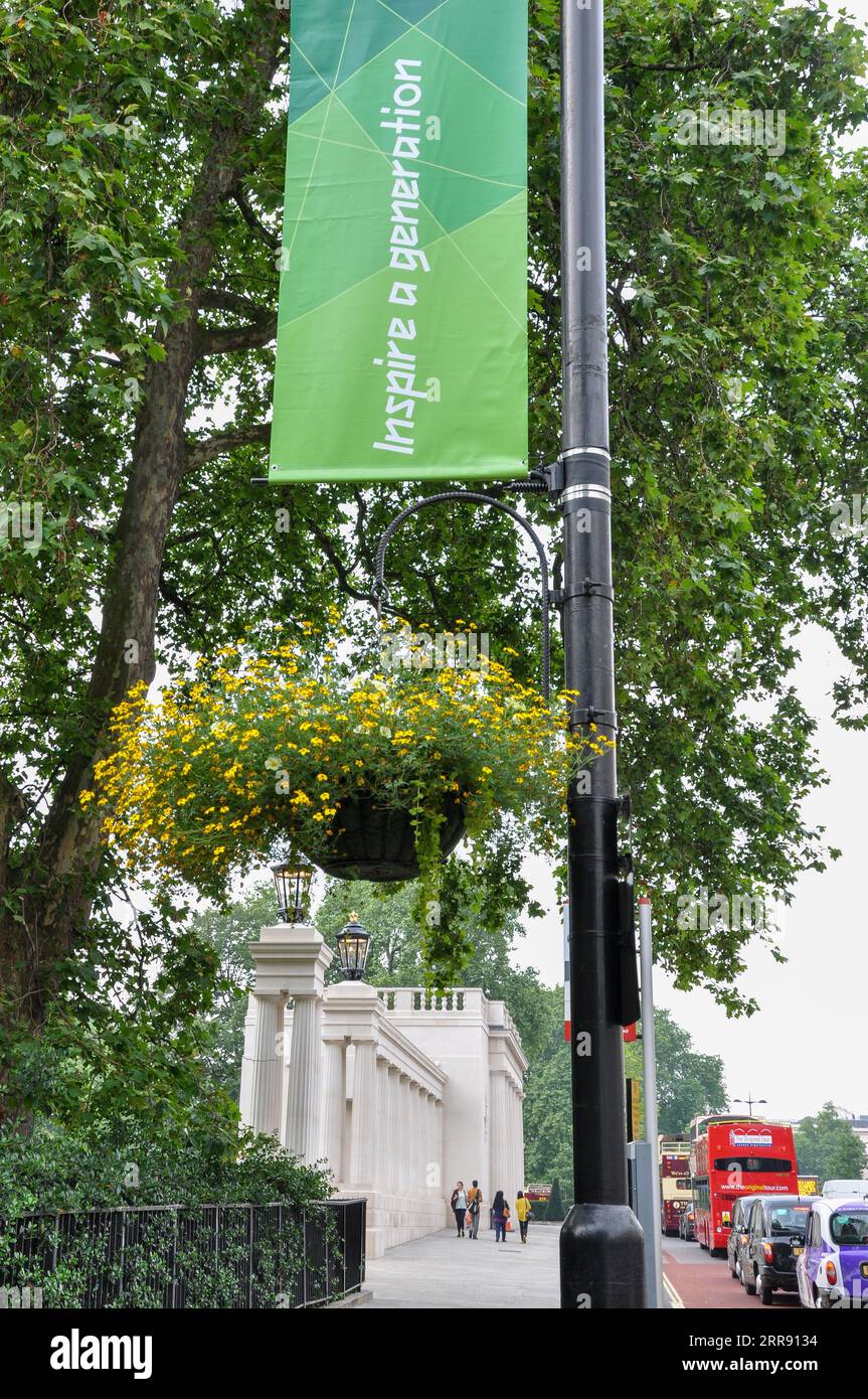 Inspirez une génération, drapeau de slogan pendant les Jeux olympiques de Londres 2012, à Londres, Royaume-Uni Banque D'Images