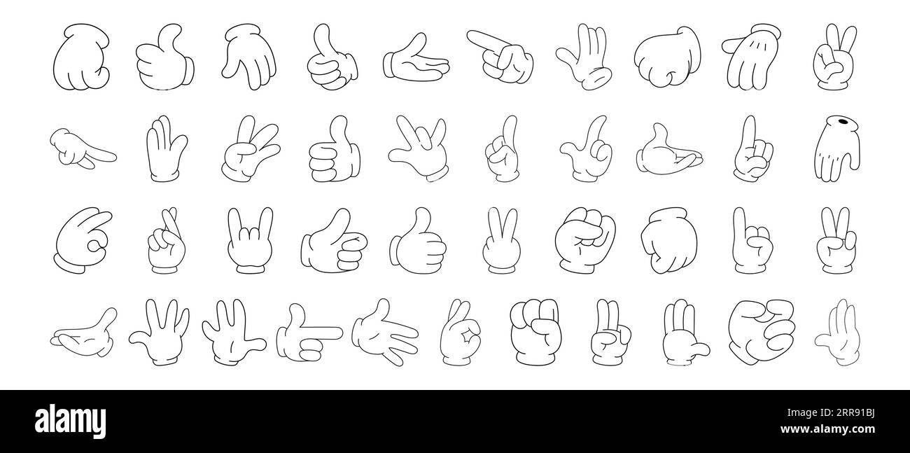 Ensemble de mains comiques groovy dans des gants dans le style de bande dessinée rétro tendance des années 70. Bras de mascotte traditionnel avec différents gestes. Illustration isolée. Illustration de Vecteur