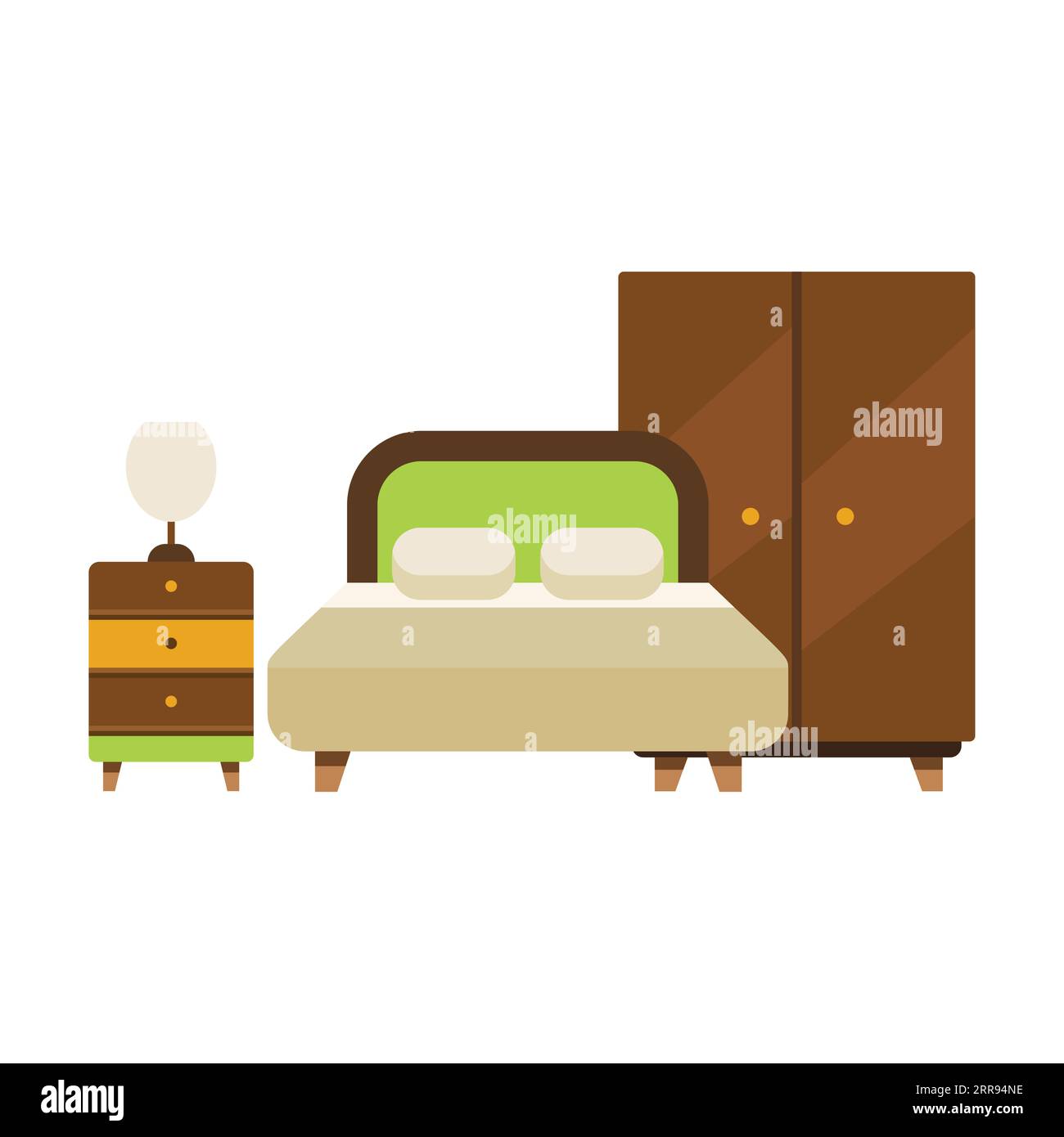 Chambre avec lit, table de chevet et armoire icône vectorielle plate Illustration de Vecteur