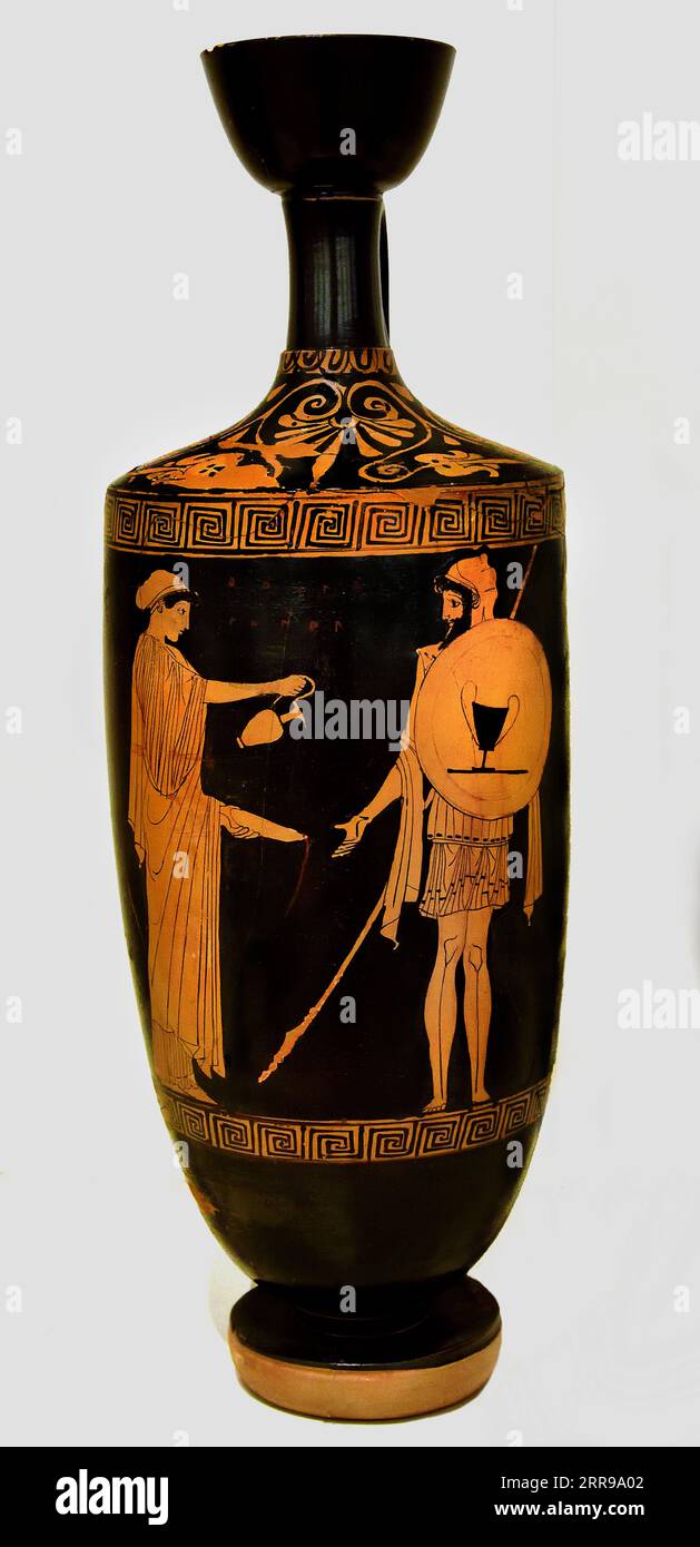 Le départ d'un guerrier d'Erétrie 450 av. J.-C., Lekythos, Athènes, Musée, grec, Grèce. . Musée d'Art cycladique Banque D'Images