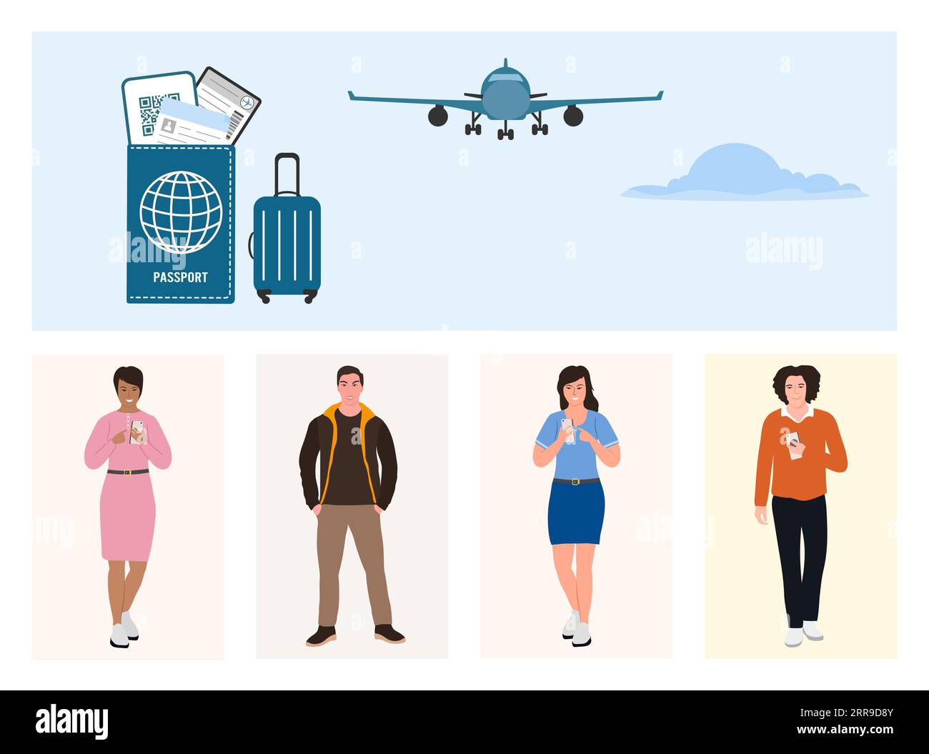 Touristes vacances d'été Homme Femme aventure Tourisme avion bagages billet d'avion Passeport transport concept. Illustration du vecteur de voyage du week-end Illustration de Vecteur