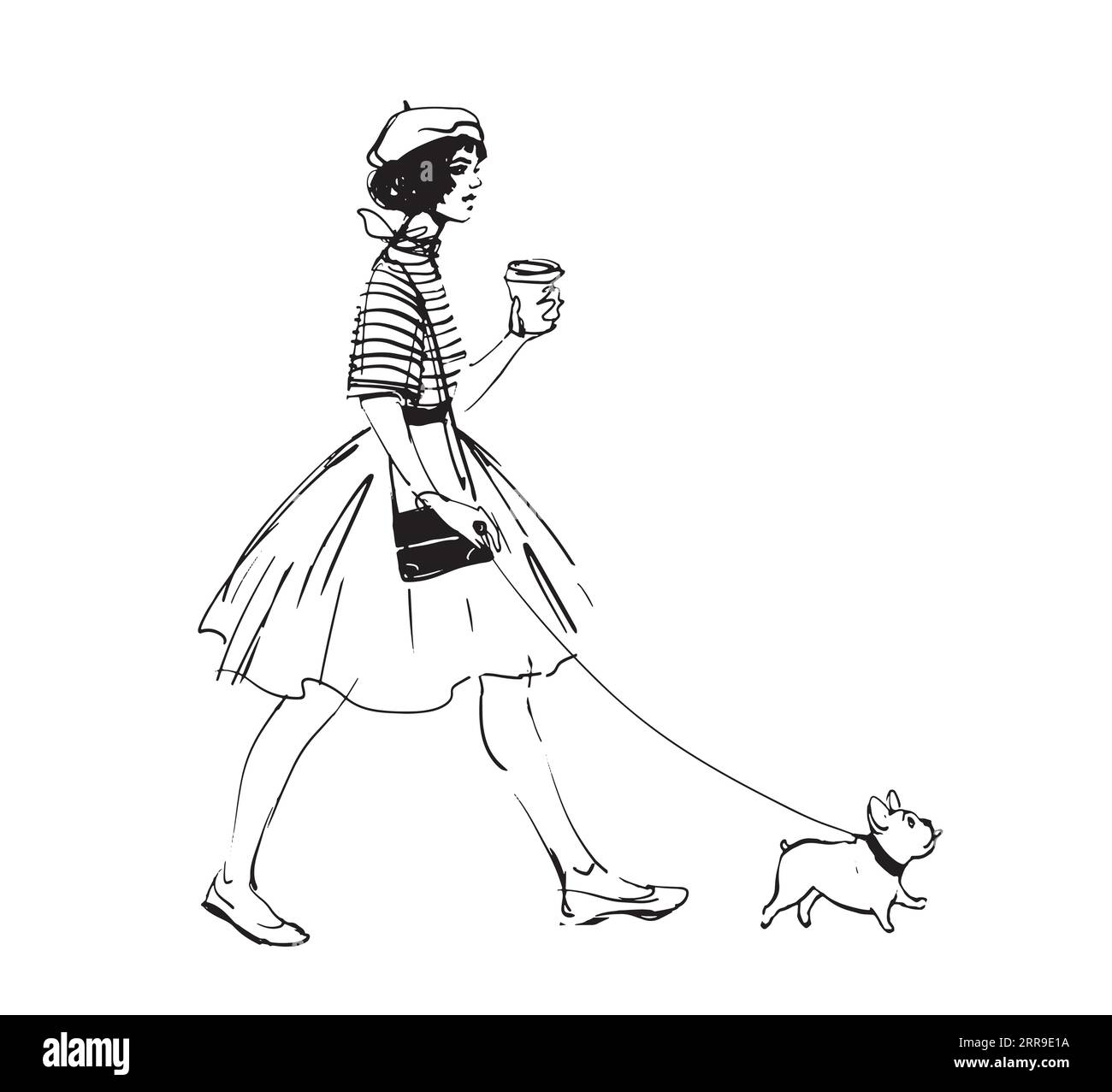Une belle fille à la mode dans une jupe marche avec un bouledogue français et du café dans sa main. Illustration dessinée à la main moderne, vecteur de ligne isolé sur wh Illustration de Vecteur