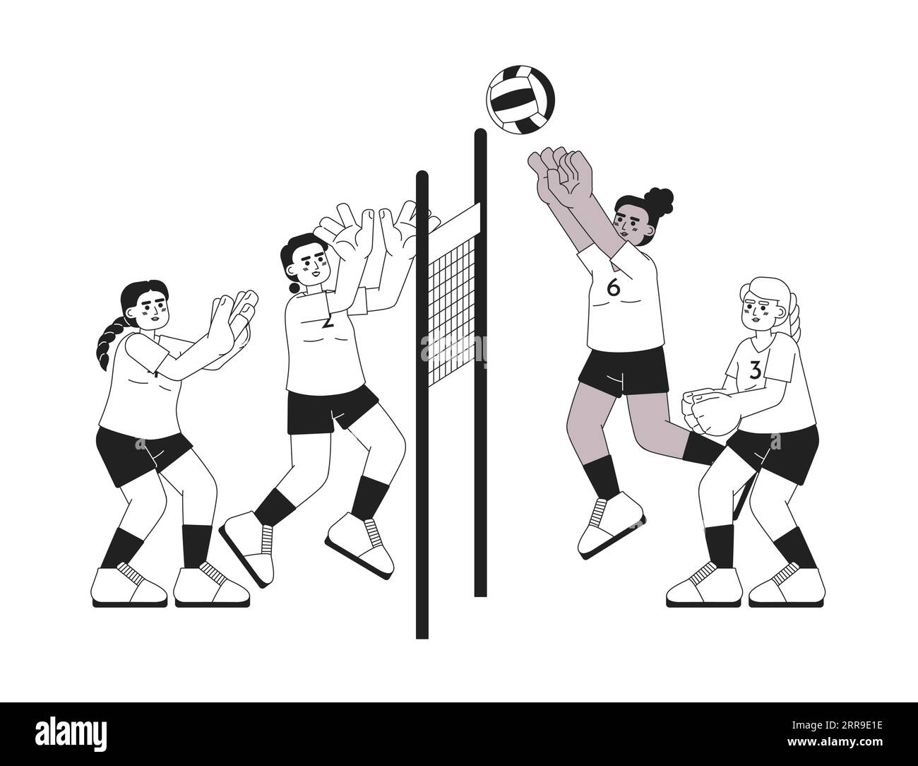Sportswomen jouant volley-ball monochrome illustration de spot de vecteur de concept Illustration de Vecteur