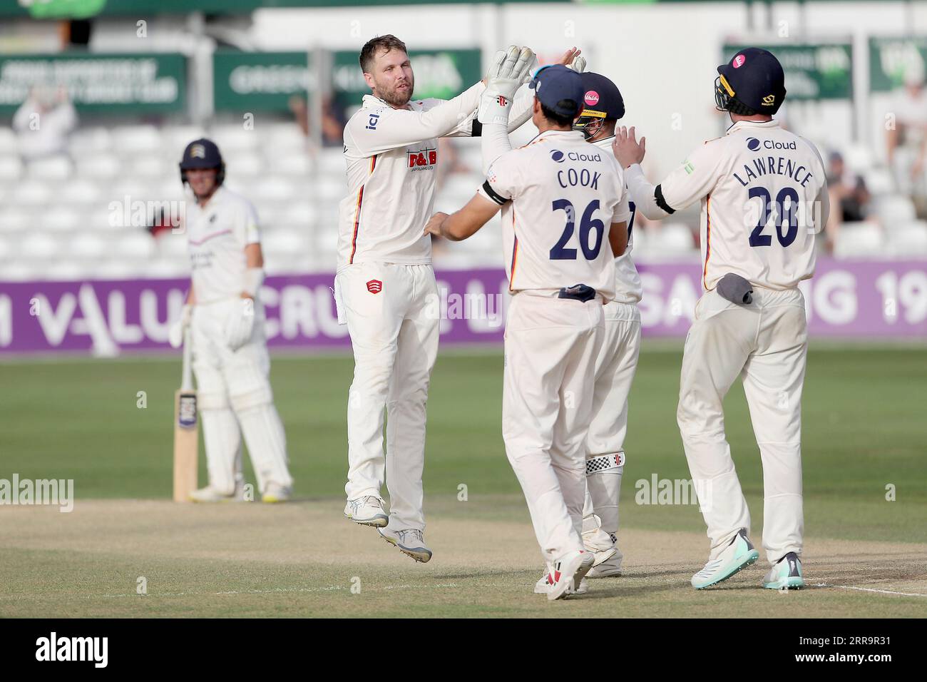 Matt Critchley d'Essex célèbre avoir pris le guichet de John Simpson pendant Essex CCC vs Middlesex CCC, LV Insurance County Championship Division 1 Cr Banque D'Images