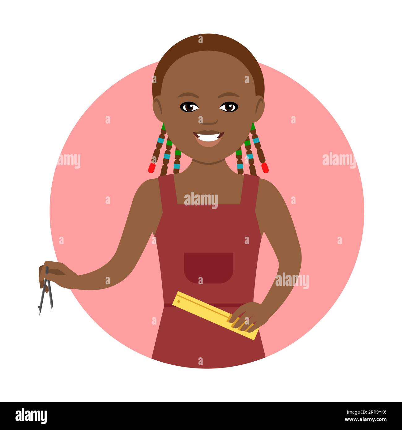 Femme africaine tenant crayon et règle icône de cercle vectoriel plat Illustration de Vecteur