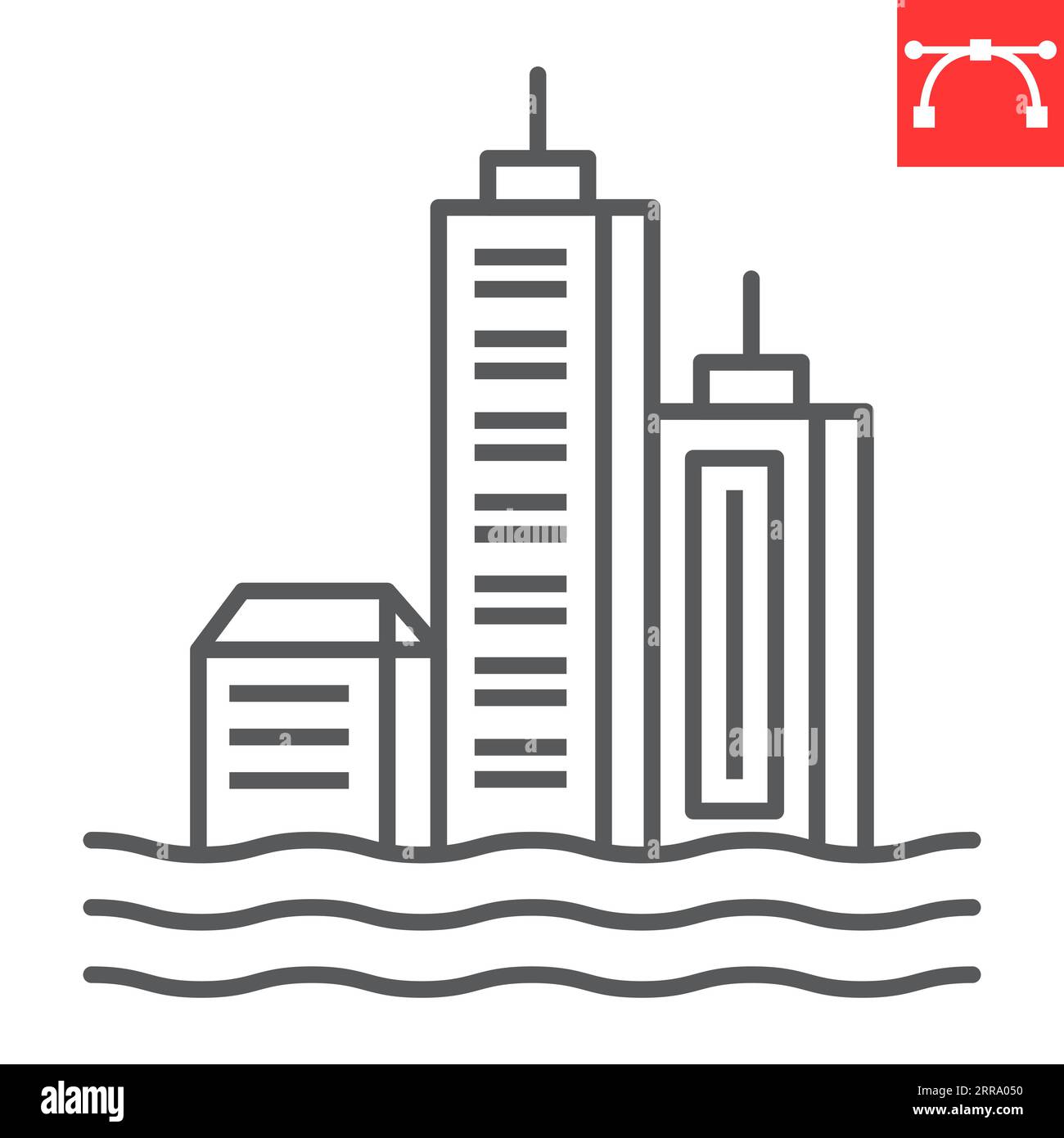 Icône de ligne d'inondation de ville, changement climatique et écologie, icône de vecteur de catastrophe de l'eau, graphiques vectoriels, signe de contour de trait modifiable, eps 10. Illustration de Vecteur