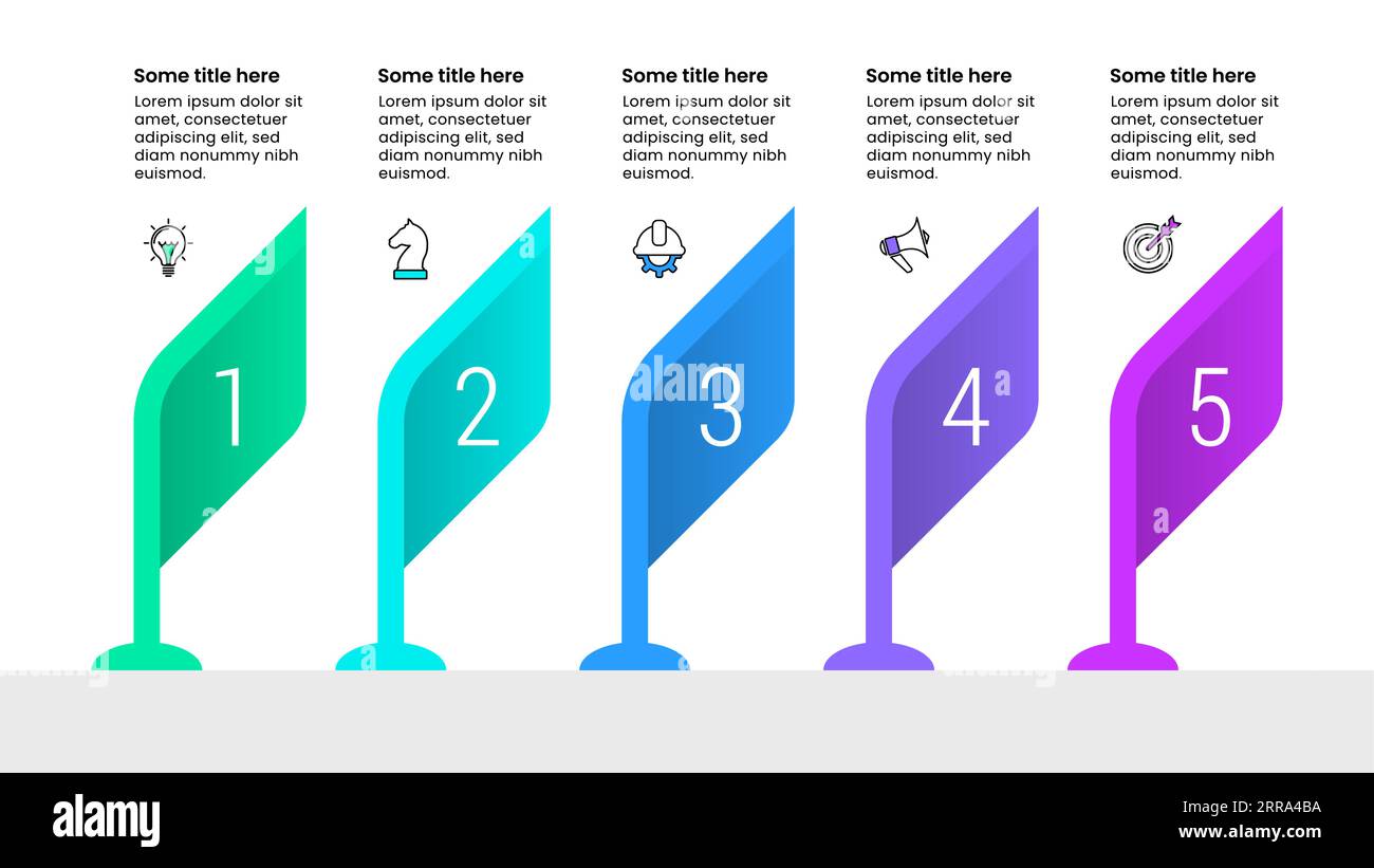 Modèle infographique avec icônes et 5 options ou étapes. Drapeaux abstraits. Peut être utilisé pour la mise en page de flux de travail, diagramme, bannière, webdesign. Illustration vectorielle Illustration de Vecteur