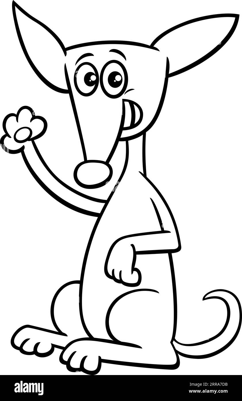 Illustration de dessin animé noir et blanc de chien drôle ou chiot personnage animal comique agitant sa patte page à colorier Illustration de Vecteur