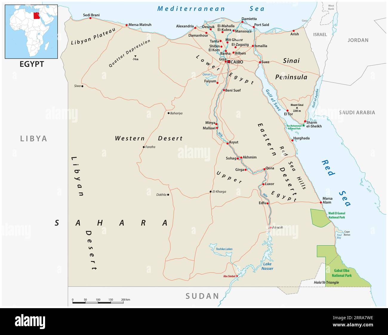 Carte routière vectorielle de la République arabe d'Egypte Banque D'Images