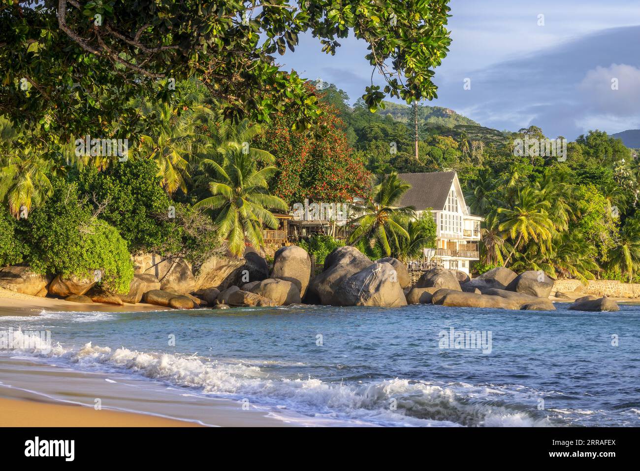 Maison parmi les rochers et les palmiers sur la plage pittoresque de sable tropical Glacis, île de Mahé, Seychelles Banque D'Images