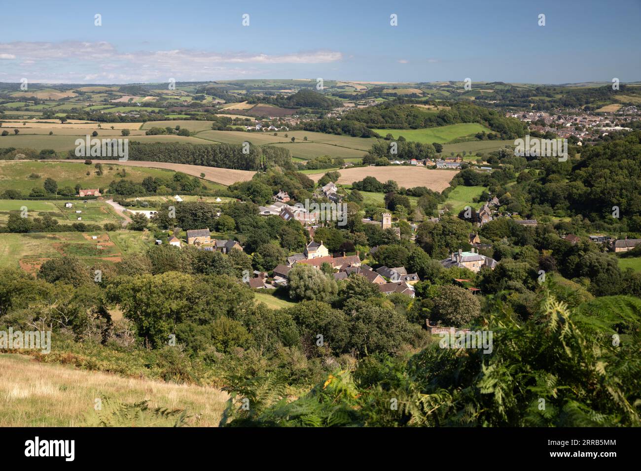 Vue sur le village de Symondsbury et la campagne orset depuis le sommet de Colmer's Hill, Symondsbury, Dorset, Angleterre, Royaume-Uni, Europe Banque D'Images