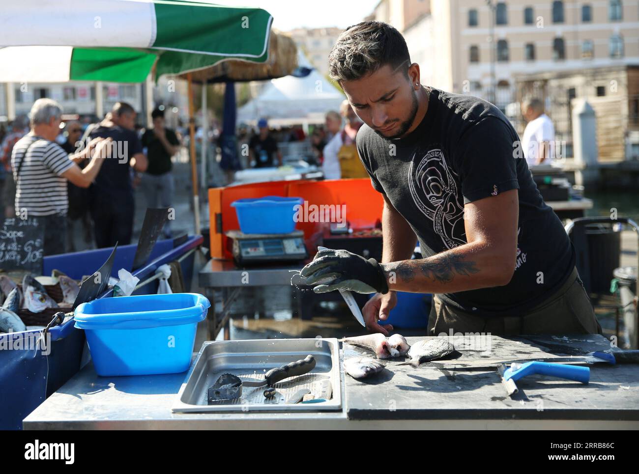 210907 -- MARSEILLE, le 7 septembre 2021 -- Un vendeur de poisson nettoie du poisson pour des clients sur un marché aux poissons du vieux port de Marseille, France, le 6 septembre 2021. FRANCE-MARSEILLE-VIEUX PORT-MARCHÉ AUX POISSONS GAOXJING PUBLICATIONXNOTXINXCHN Banque D'Images