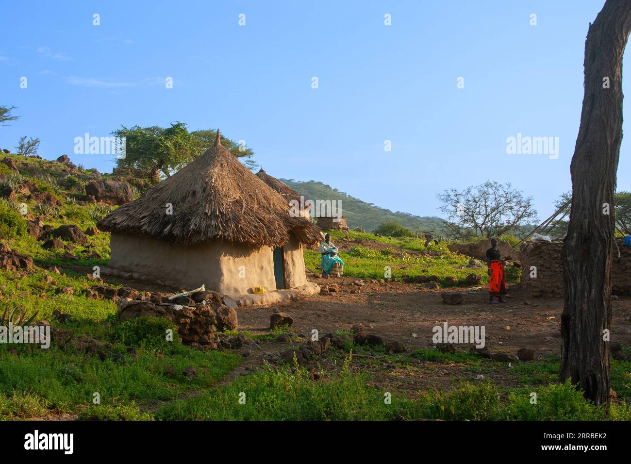 Les Njemps huttent les Ilchamus (parfois orthographiés Iltiamus, aussi connu sous le nom de Njemps) dans le lac Baringo au Kenya Banque D'Images