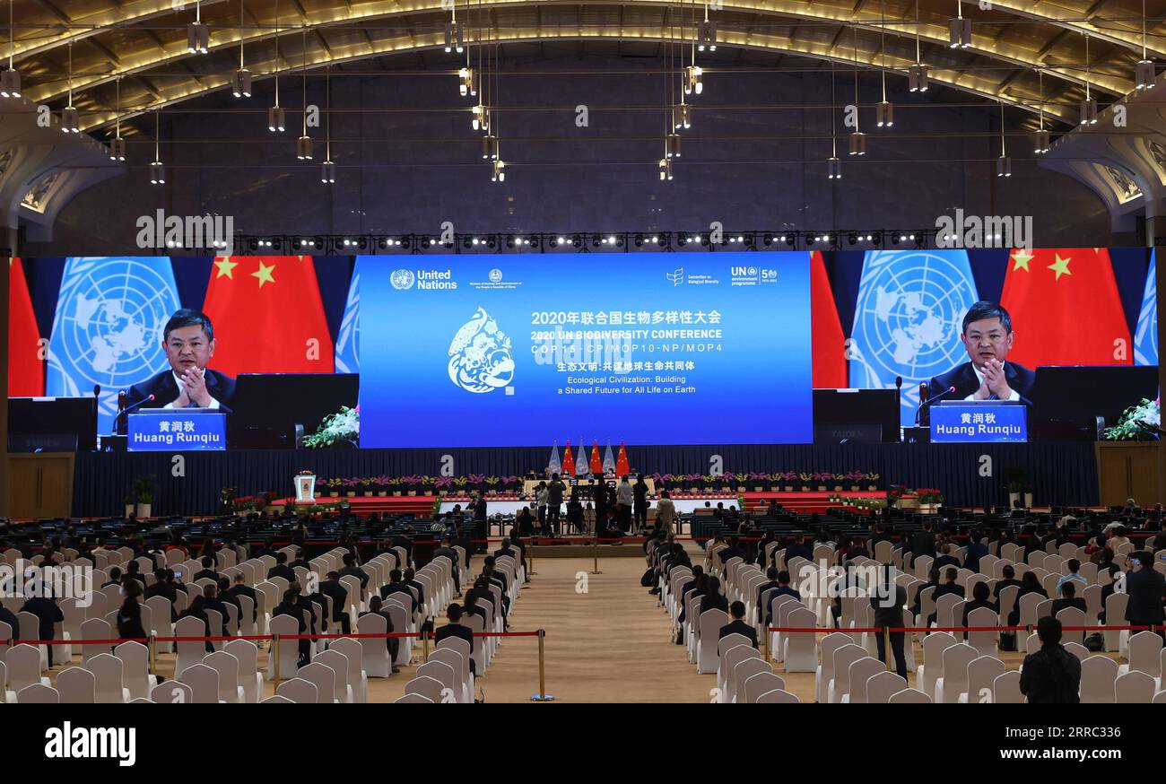 211015 -- KUNMING, le 15 octobre 2021 -- le ministre chinois de l'écologie et de l'environnement, Huang Runqiu, prononce une allocution lors de la cérémonie de clôture de la première partie de la Conférence des Parties à la Convention sur la diversité biologique, ou COP15, à Kunming, dans la province du Yunnan au sud-ouest de la Chine, le 15 octobre 2021. COP15CHINA-YUNNAN-KUNMING-COP15-FERMETURE CN WANGXNAN PUBLICATIONXNOTXINXCHN Banque D'Images
