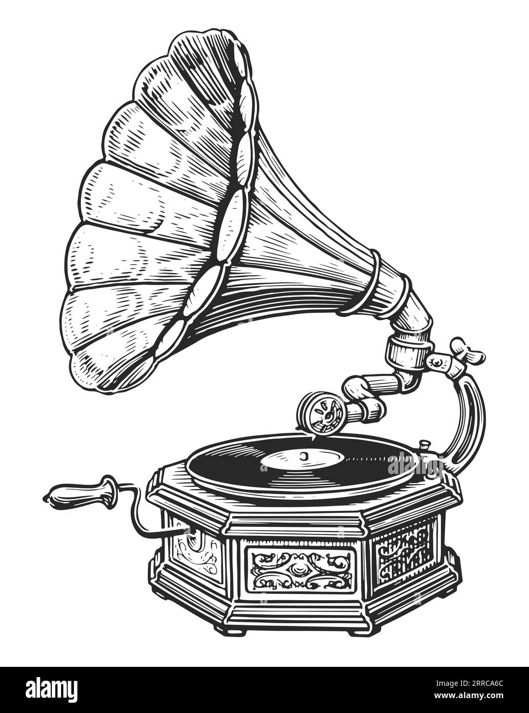 Lecteur de gramophone vintage avec dessin de disque vinyle dessin à la main. Appareil de musique rétro avec haut-parleur à pavillon Banque D'Images