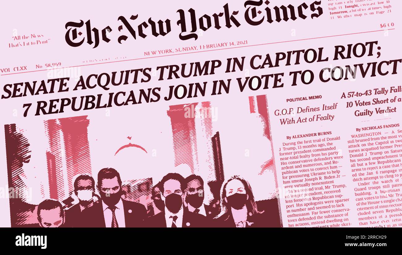 Une capture d'écran de la page d'accueil du site Web en ligne du New York Times (colorisé numériquement) rapportant le deuxième acquittement de Donald Trump. Banque D'Images