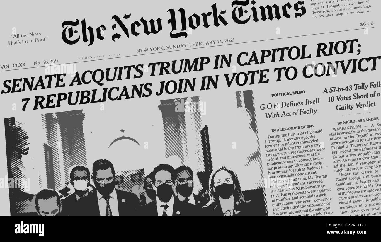 Une capture d'écran de la page d'accueil du site Web en ligne du New York Times (colorisé numériquement) rapportant le deuxième acquittement de Donald Trump. Banque D'Images