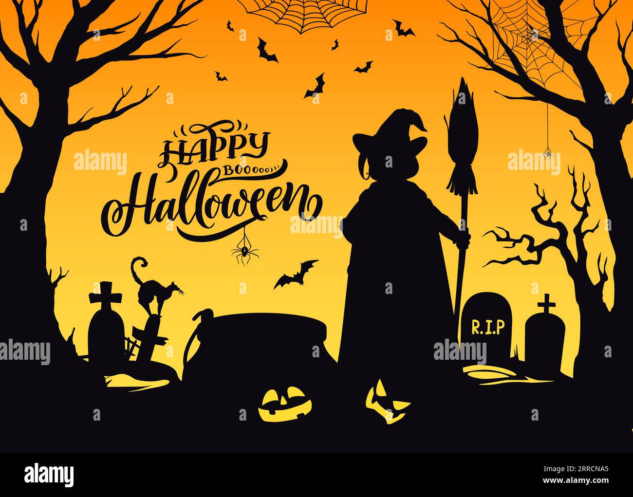 Silhouette de sorcière d'Halloween sur le cimetière, personnage de vacances d'horreur de vecteur. Ombre effrayante de sorcière dans le chapeau et la cape avec chaudron potion, citrouilles, balai et chat, chauves-souris, araignées et toile d'araignée sur des arbres effrayants Illustration de Vecteur