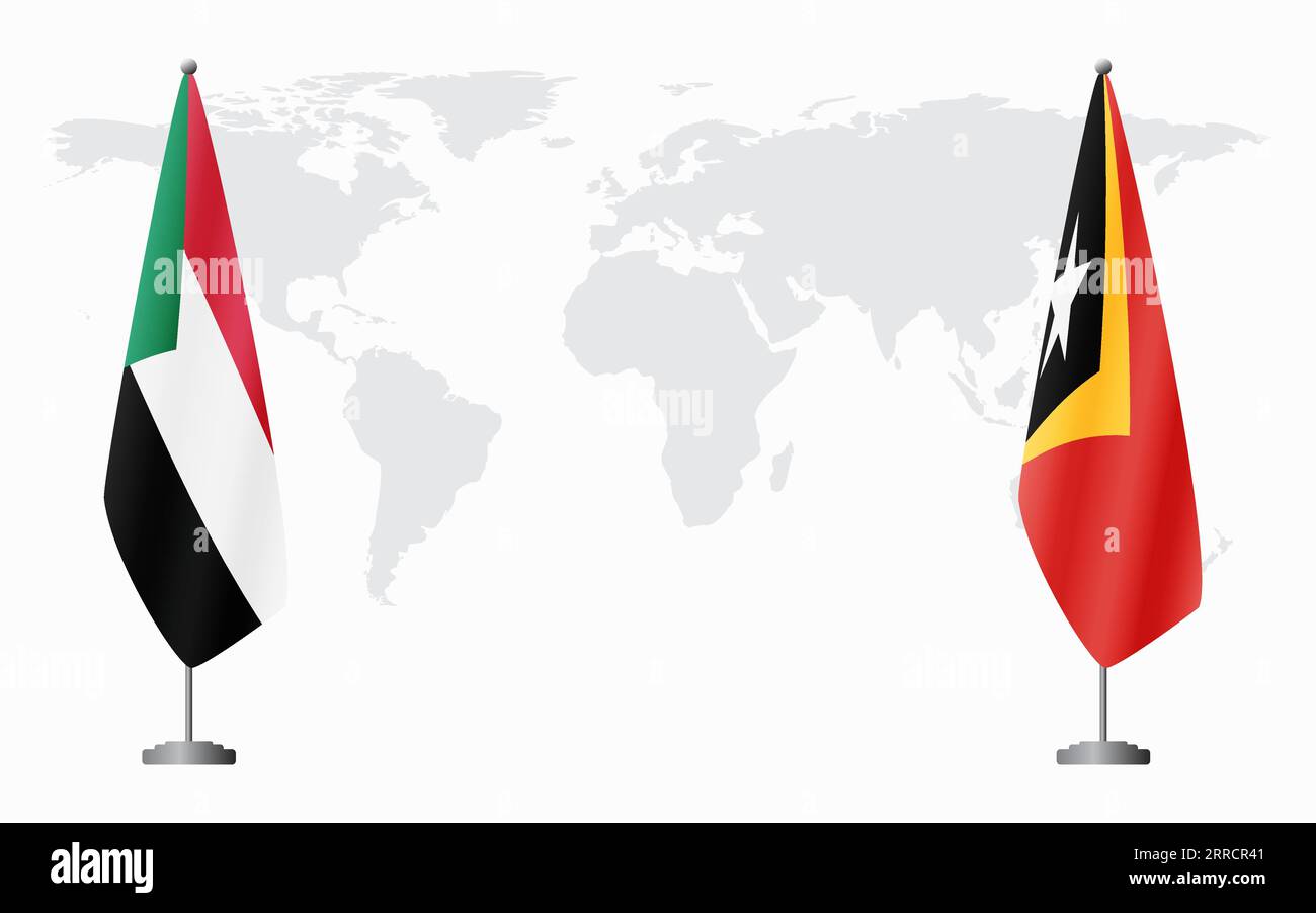 Drapeaux du Soudan et du Timor-Leste pour la réunion officielle sur fond de carte du monde. Illustration de Vecteur