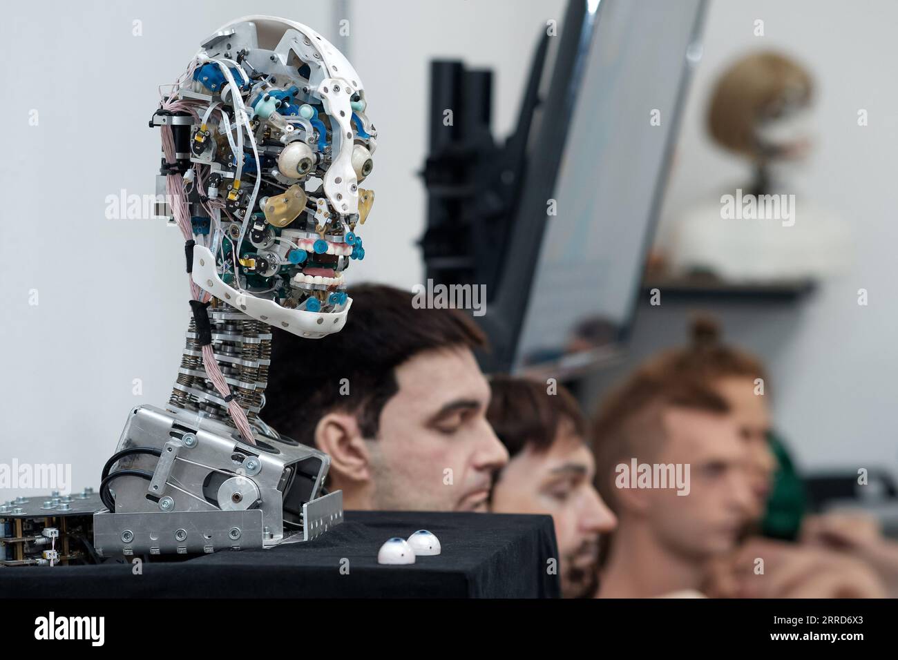Perm, Russie - 13 juillet 2023 : Chef de robot anthropomorphe capable d'imiter les émotions, sans une peau de coque extérieure, sur fond de vari Banque D'Images Perm, Russie - 13 juillet 2023 : Chef de robot anthropomorphe capable d'imiter les émotions, sans une peau de coque extérieure, sur fond de vari Banque D'Images