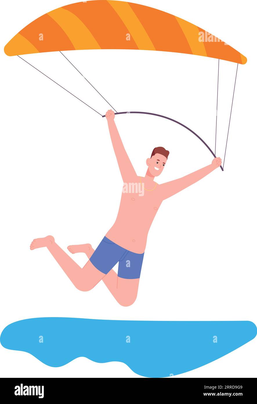 Personnage de kitesurfer. Jeune homme volant sur cerf-volant. Sport d'été isolé sur fond blanc Illustration de Vecteur