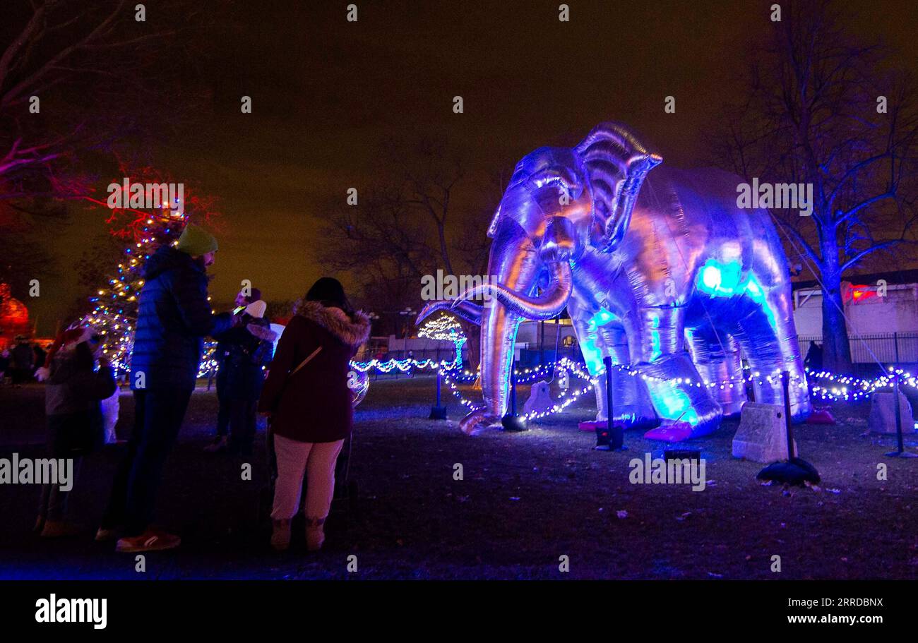 211216 -- TORONTO, le 16 décembre 2021 -- des gens voient un éléphant gonflable pendant le Polar Winter Festival à Toronto, Canada, le 15 décembre 2021. Comme une expérience de vacances en plein air, ce festival immersif se tient ici du 25 novembre au 26 décembre cette année. Photo de /Xinhua CANADA-TORONTO-POLAR WINTER FESTIVAL ZouxZheng PUBLICATIONxNOTxINxCHN Banque D'Images