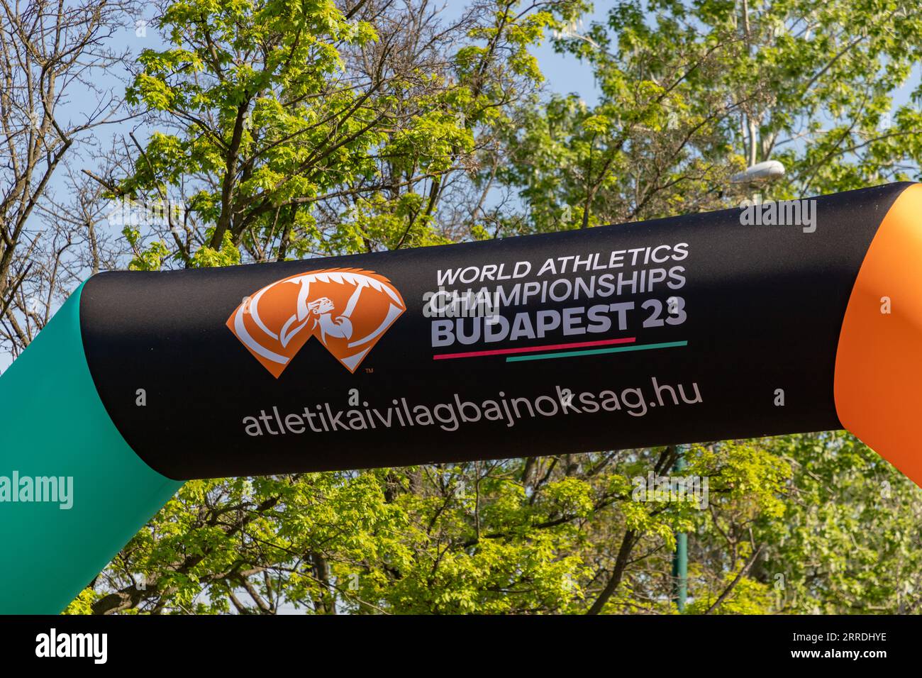 Une photo de l'enseigne pour les Championnats du monde d'athlétisme Budapest 2023. Banque D'Images