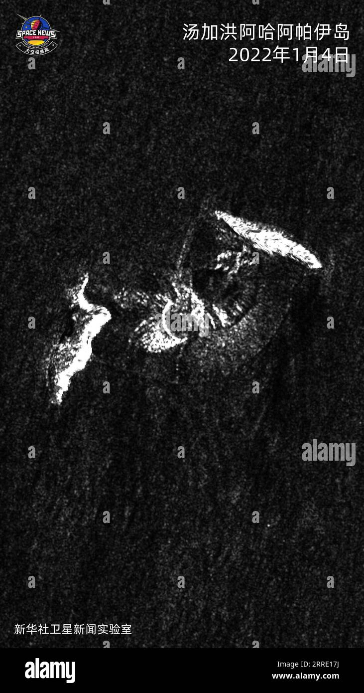 220118 -- BEIJING, le 18 janvier 2022 -- Une image satellite SAR radar à synthèse d'ouverture montre l'île Hunga Ha apai de Tonga le 4 janvier 2022. /Document via Xinhua TONGA-ÉRUPTION VOLCANIQUE-IMAGES SATELLITES Xinhua sxSpacexNewsxLab PUBLICATIONxNOTxINxCHN Banque D'Images