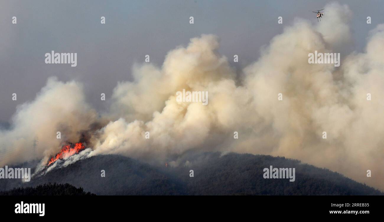 220216 -- YEONGDEOK, 16 février 2022 -- une photo prise le 16 février 2022 montre un hélicoptère de lutte contre les incendies larguant de l'eau sur un feu de forêt sur une montagne à Yeongdeok, à environ 350 km au sud-est de la capitale Séoul, en Corée du Sud. Un incendie de forêt s'est déclaré dans la ville côtière du sud-est de la Corée du Sud, et environ 180 ménages ont été évacués, a rapporté mercredi l'agence de presse Yonhap. /Document via Xinhua CORÉE DU SUD-NORTH GYEONGSANG-FOREST FIRE NEWSIS PUBLICATIONxNOTxINxCHN Banque D'Images