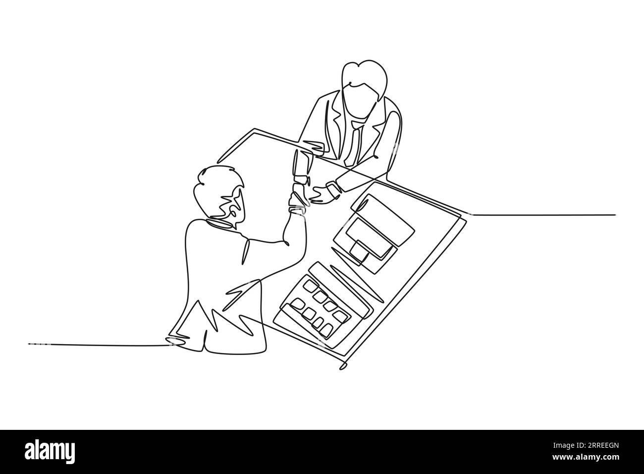 Dessin continu d'une ligne d'hommes d'affaires heureux poignée de main son partenaire d'affaires après avoir obtenu grand projet. Excellent travail d'équipe. Concept de transaction commerciale. Si Banque D'Images