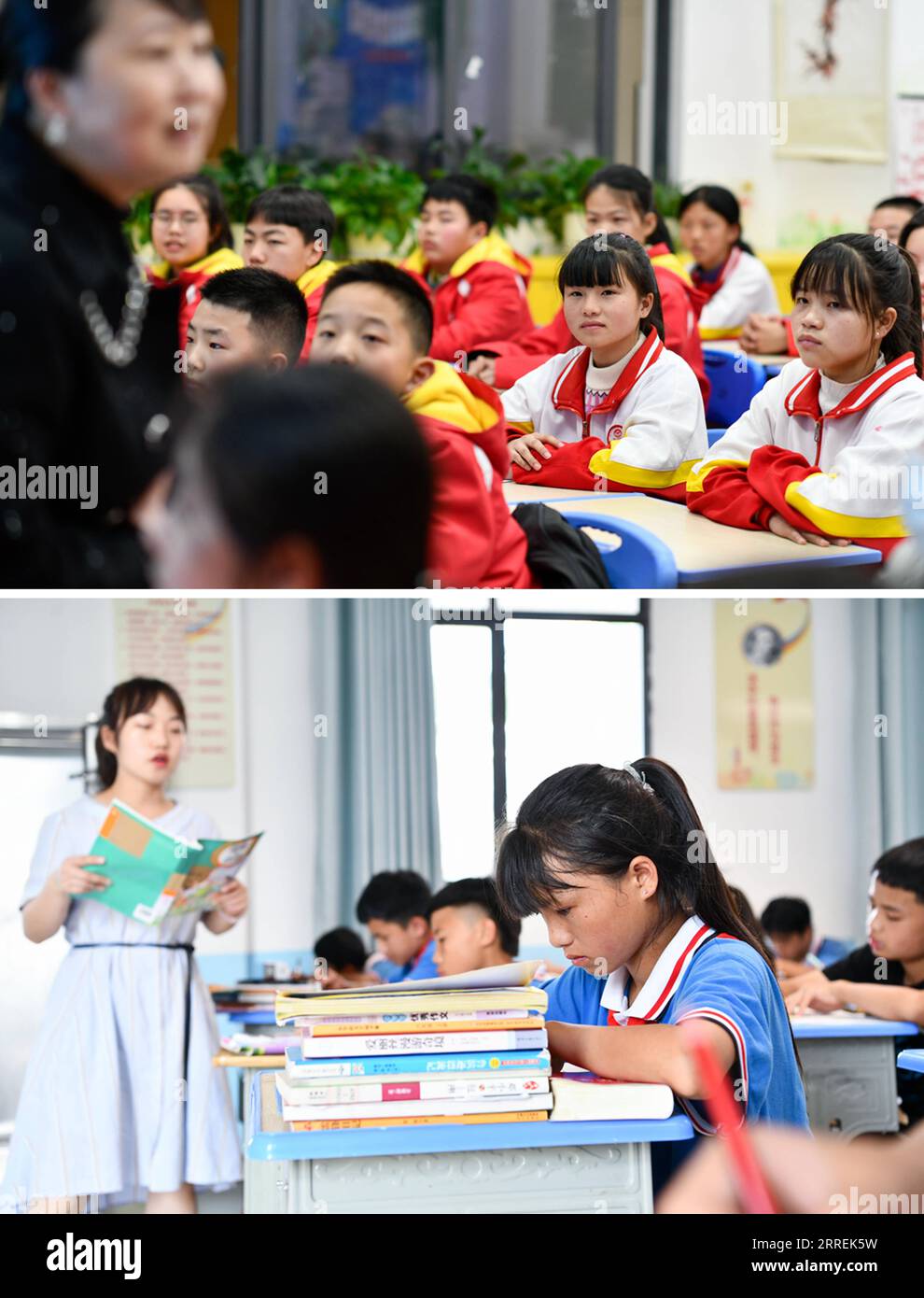 220305 -- GUIYANG, le 5 mars 2022 -- une photo combinée montre Pan Xuefei assistant à un cours à l'école secondaire Liduanfen à Guiyang, dans la province de Guizhou, dans le sud-ouest de la Chine, le 27 février 2022 UP et Pan Xuefei assistant à un cours à l'école primaire de Dadai dans le village de Dadai Miao, canton de Bingmei, Comté de Congjiang dans la préfecture autonome de Qiandongnan Miao et de Dong, province du Guizhou au sud-ouest de la Chine, 24 juin 2021. PAN Xuefei, une fille du groupe ethnique Miao du village de Dadai Miao dans le comté de Congjiang à Qiandongnan Miao et de la préfecture autonome de Dong dans la province du Guizhou du sud-ouest de la Chine, embrasse ses nouveaux sèmes Banque D'Images