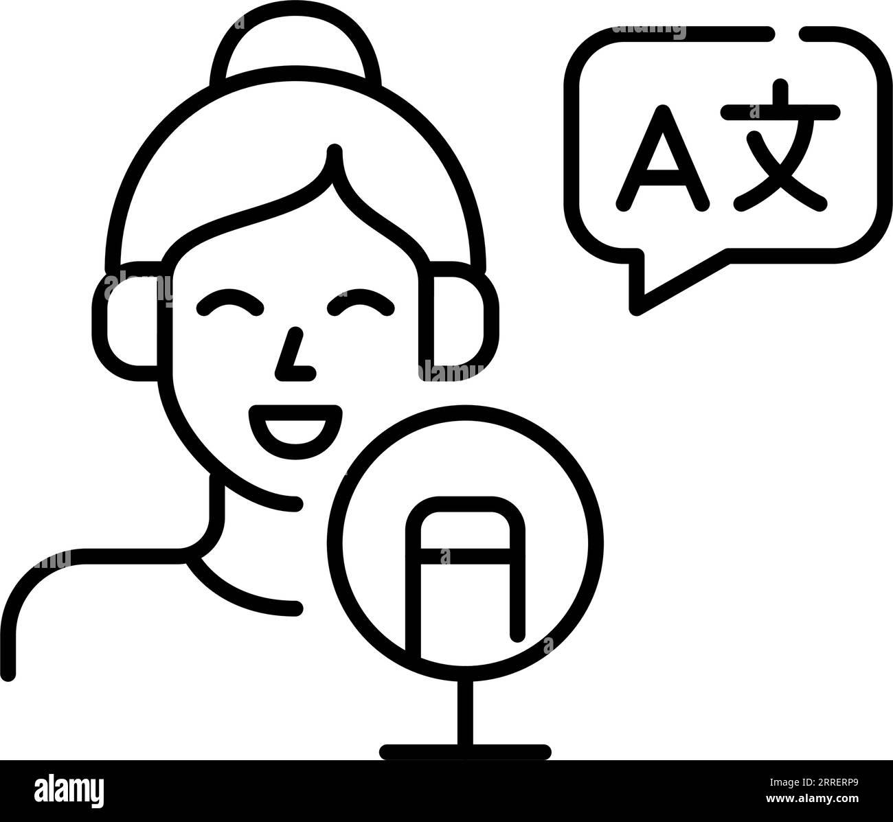 Femme parlant dans un micro. Enseigner les langues ou faire de la traduction en direct. Contour modifiable et parfait au pixel près Illustration de Vecteur