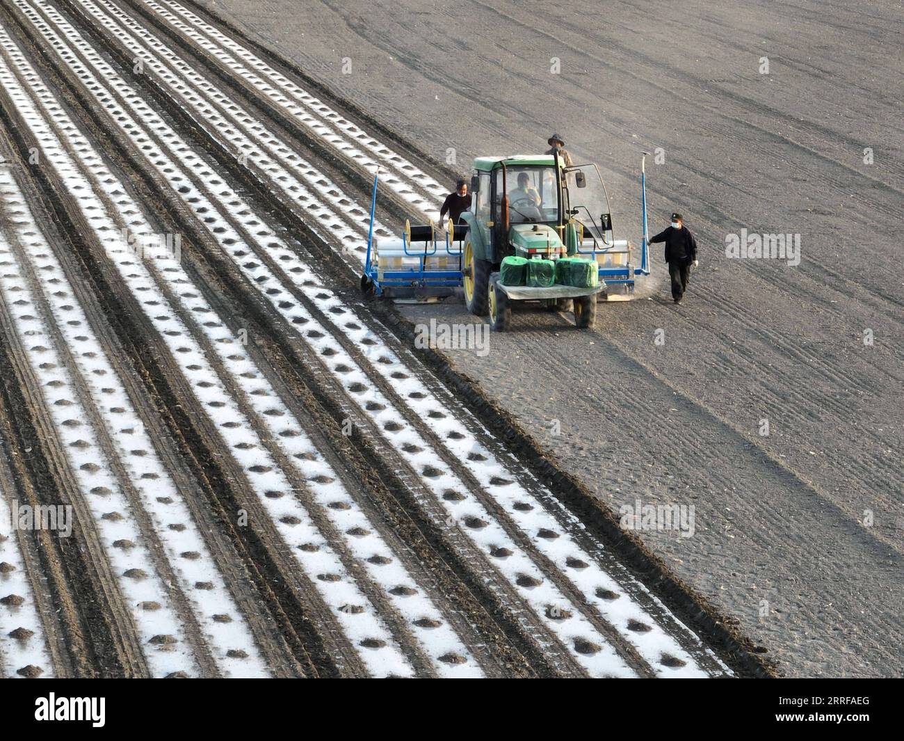 220409 -- URUMQI, le 9 avril 2022 -- Une machine à semer équipée du système de navigation par satellite Beidou travaille dans un champ de coton de la ville de Korla, dans la région autonome ouïgoure du Xinjiang, au nord-ouest de la Chine, le 3 avril 2022. La culture printanière du coton a commencé au Xinjiang. Photo de Huang Wanli/Xinhua CHINE-XINJIANG-CULTURE DU COTON CN WangxFei PUBLICATIONxNOTxINxCHN Banque D'Images