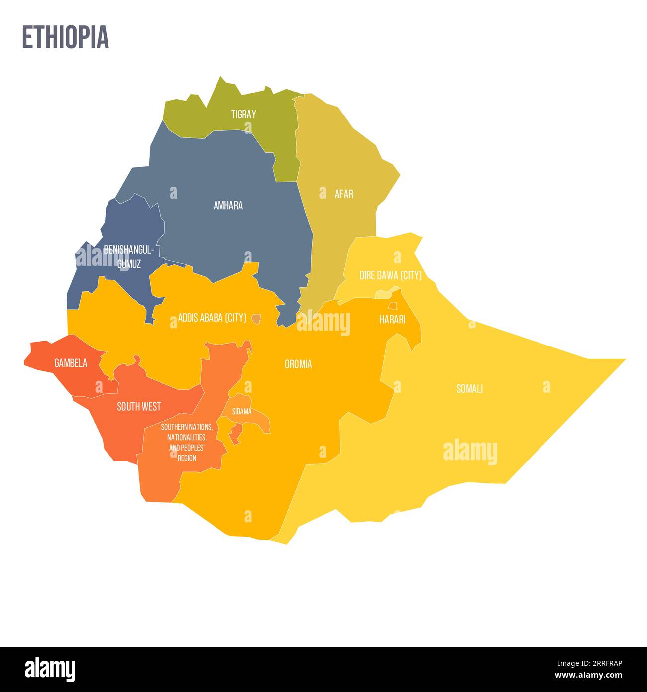 Ethiopie carte politique des divisions administratives - régions et villes affrétées. Carte politique à spectre coloré avec étiquettes et nom du pays. Illustration de Vecteur