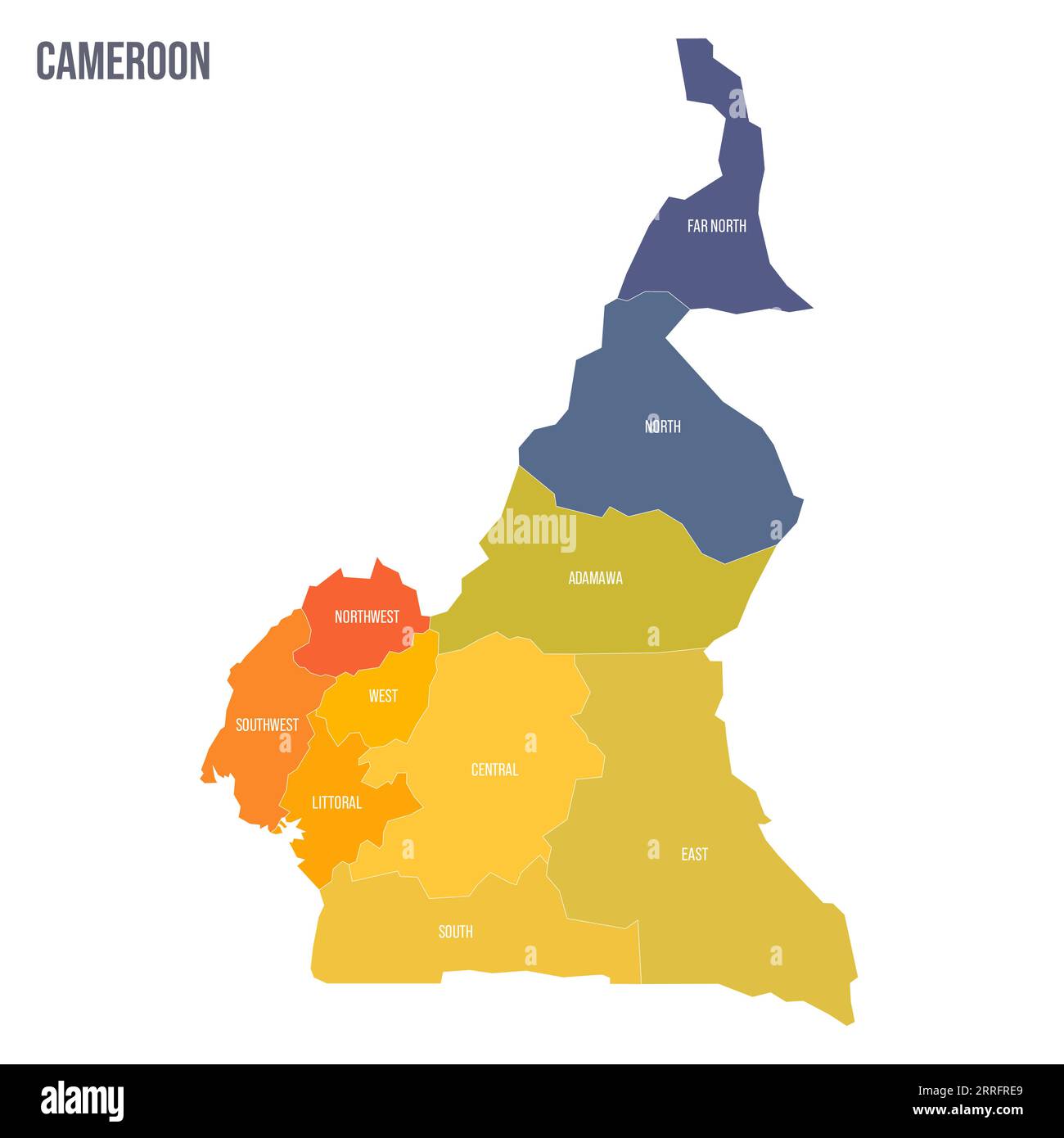 Cameroun carte politique des divisions administratives - régions. Carte politique à spectre coloré avec étiquettes et nom du pays. Illustration de Vecteur