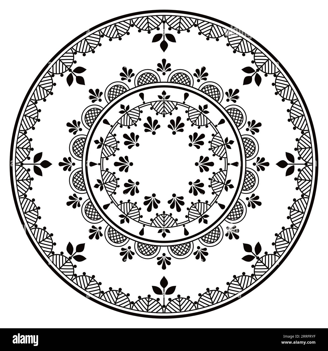 Mandala vectoriel de broderie scandinave et nordique de mandala floral style d'art folklorique - parfait pour le décor de plaque, carte de voeux ou invitation de mariage en noir et blanc Illustration de Vecteur